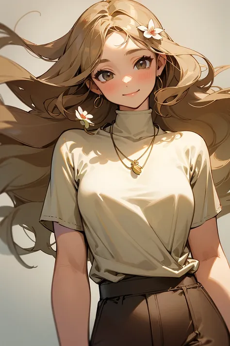  Adult girl with slightly wavy light brown hair, almost blonde smiling. He is wearing a large pair of pants and a t-shirt.. Large middle shoulders. small hip. medium breasts. She wears a small flower necklace around her neck.. Long hair. half chubby. DOES ...