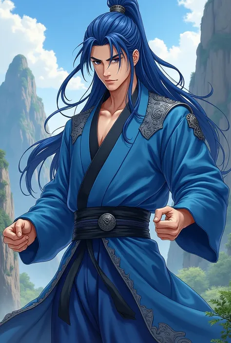 Make a murim manhwa character, with long blue hair back, has black eyes, He is wearing a blue outfit with gray details of a murim cultivator , he is a handsome 20 year old man. I want the anime style character