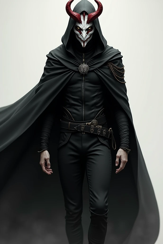 Make a male rpg character who wears a black outfit, has white skin, has brown eyes and wears a black hooded cape and a white and red demon mask and has black hair 