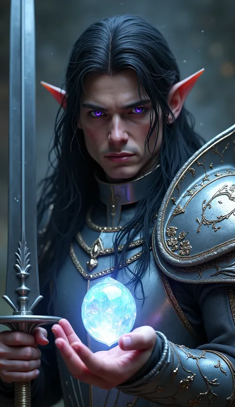 Intricate fantasy portrait an elven-knight lord with strikingly handsome and noble sharp regal features, no beard, smooth skin, intense and determined expression, raven-black hair flowing down his shoulders, and piercing purple eyes filled with determinati...