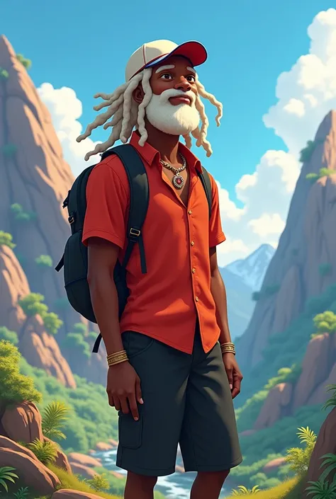 young man with beard, Dark-skinned man with wavy hair, red shirt, black shorts, white cap and white dreadlocks who loves to travel the world. The background that is in a mountain that is animated