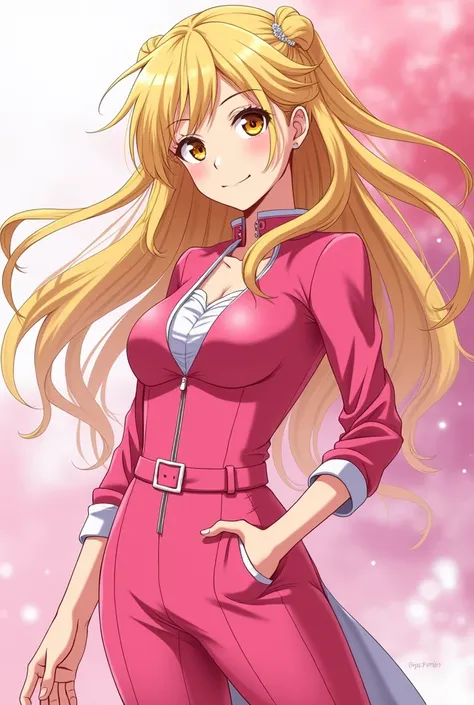 Blonde woman, amber eyes, pink outfit anime style, shonen style, shoujou style , full body, anime style, thick outlines, anime style, shonen style, shoujou style , full body, anime style, thick outlines, anime style, shonen style, shoujou style, key animat...