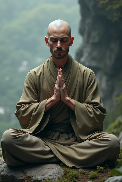 Monk meditating, with one hand in front of the face, the other a little lower with the index finger and thumb closing a circle, eyes closed and in a lethal posture