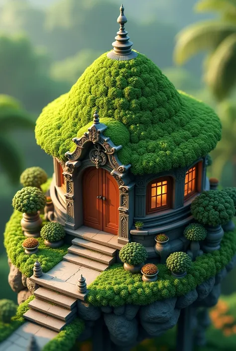 3D Isometric, work of art, extremely detailed cgi unit 8k wallpaper, best qualityer, best illustration, better shadows, cute, Balinese Temple, round hut covered in moss, octane rendering, ray tracing, hyper detailed