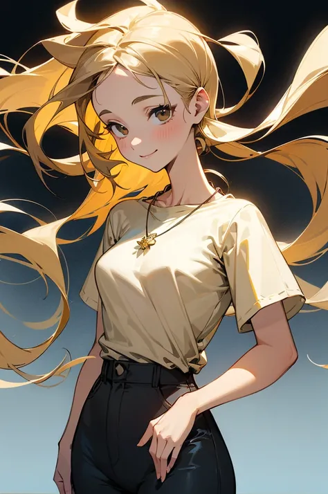  Adult girl with slightly wavy light brown hair, almost blonde smiling. He is wearing a large pair of pants and a t-shirt.. Large middle shoulders. small hip. medium breasts. She wears a small flower necklace around her neck.. Long hair. half chubby. DOES ...