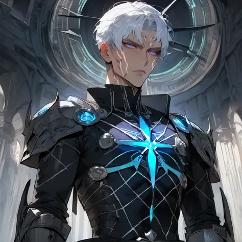 (masterpiece), best quality, high detailed, Male, black bodysuit with armored shirt. webbing rig, Black and blue jacket, Open jacket, Half body view. wolfcut hairstyle—black on top with white sides. Black wolfcut, White hair_sides.
His silver eyes have thi...