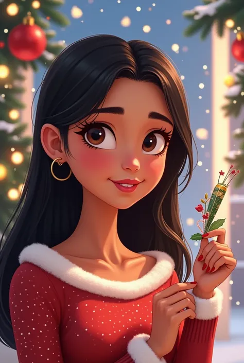 Animated woman with light brown skin and straight black hair, Christmas themed and holding eyelash tweezers