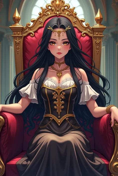 Anime type drawing of a queen girl of a medieval castle of a world with magic with long black hair with sharp eyes serious sitting on her throne with age of 16