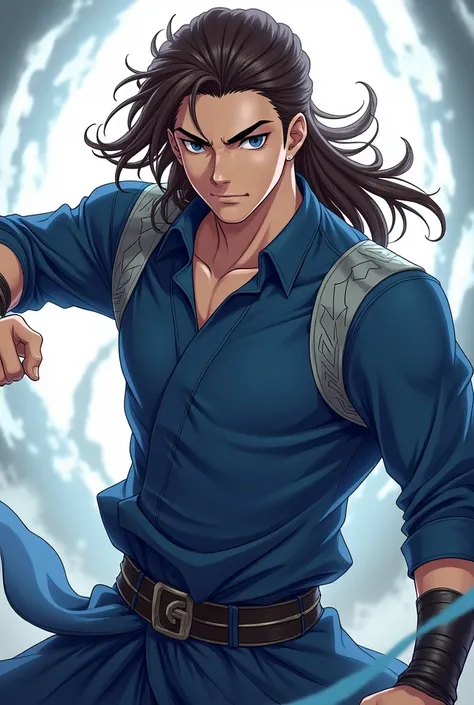 Make a murim manhwa character, with long brown hair slicked back, has black eyes, He is wearing a blue outfit with gray details of a murim cultivator , he is a handsome 20 year old man. I want the anime style character