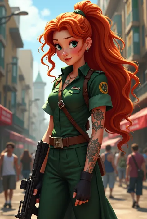 Disney Princess Merida at 2 if she were in the present day and was part of the Brazilian army. Represent her with a tattoo that has to do with her personality and a reliquary on her neck and with her hair tied up high with a firearm.