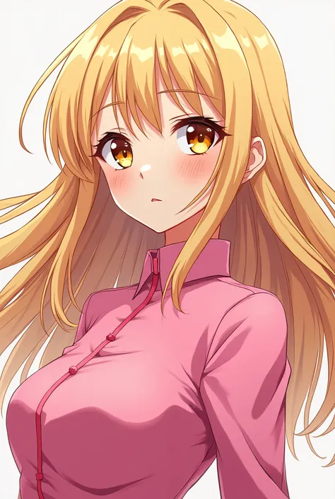 Blonde woman, amber eyes, pink outfit anime style, shonen style, shoujou style , full body, anime style, thick outlines, anime style, shonen style, shoujou style , full body, anime style, thick outlines, anime style, shonen style, shoujou style, key animat...