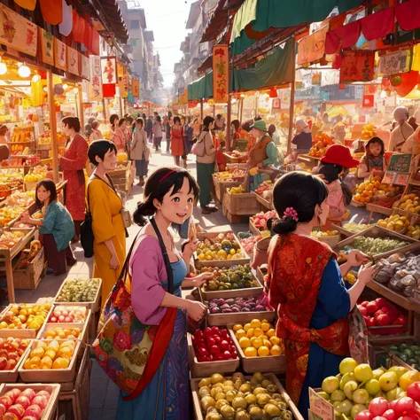 bustling market day, vibrant colors and patterns, passionate vendors, people browsing and chatting, excited faces, laughter and lively conversations, whimsical, studio ghibli inspired, anime key visual, digital painting, cinematic lighting, anime style, gh...