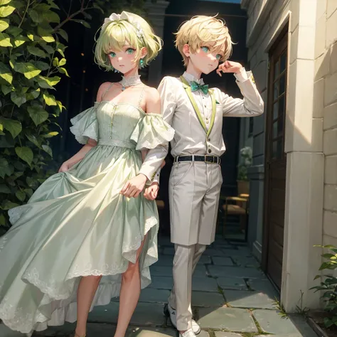 Boy, short, short blonde hair, light green, white diamond earrings,Jewelry, 