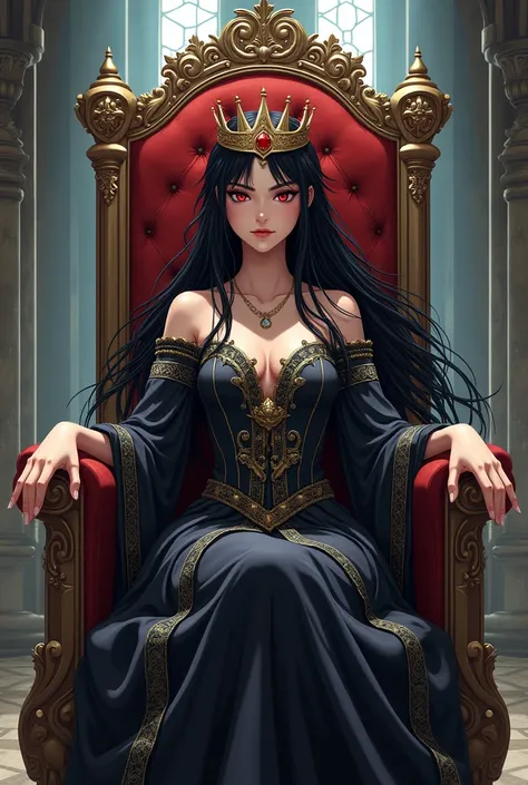 Anime style drawing of a queen girl of a medieval castle of a world with magic with long black hair with sharp eyes with an arrogant look serious sitting on her throne with the age of 16