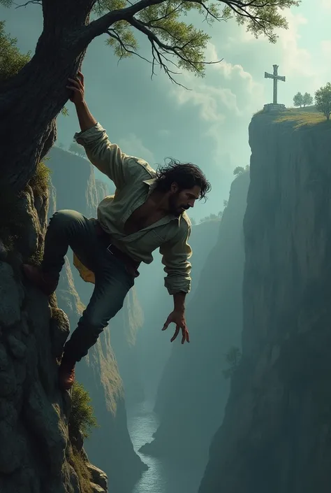 Person on a cliff holding onto a tree branch to keep from falling
