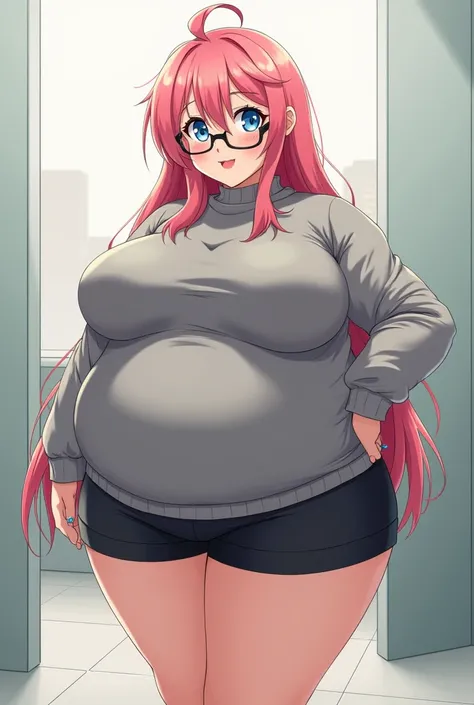 Chubby anime girl with pink hair and long messy hair with blue pupils, voluptuous body, too huge breasts and very giant ass with a gray sweater and black shorts with glasses