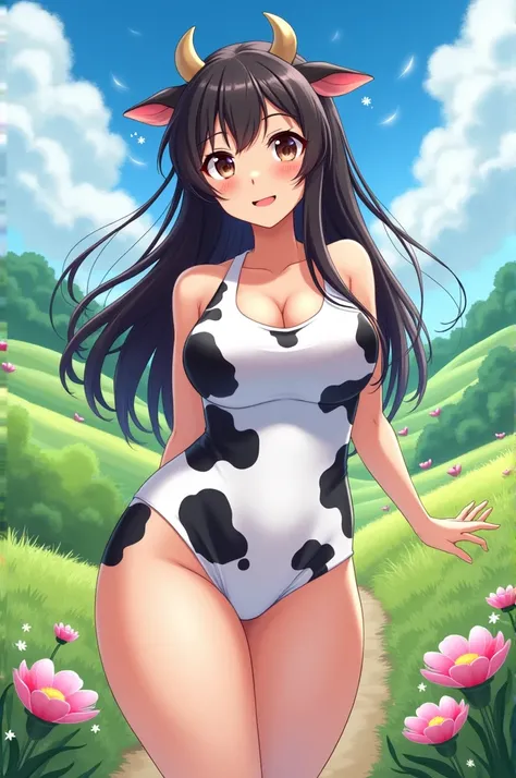 Make an anime style image, 
A girl with big breasts dressed as a cow