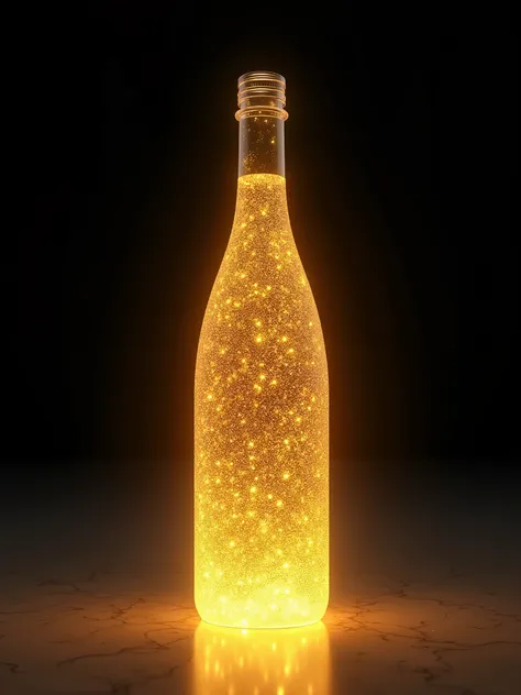 A lot of gold glitter forms the shape of a wine bottle. The background is black. High-end 3D rendering creates a sense of space, lightness, softness and transparency. Warm tones and soft lighting are present. Its like being surrounded by a magical atmosphe...