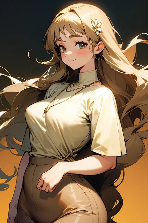  Adult girl with slightly wavy light brown hair, almost blonde smiling. He is wearing a large pair of pants and a t-shirt.. Large middle shoulders. small hip. medium breasts. She wears a small flower necklace around her neck.. Long hair. half chubby. DOES ...