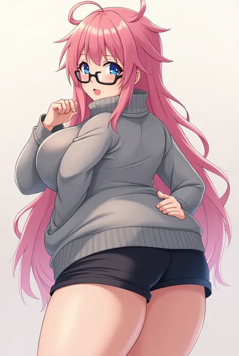 Anime girl a little chubby with long, messy pink hair and blue pupils, voluptuous body, too huge breasts and very giant ass with a gray sweater and black shorts with glasses