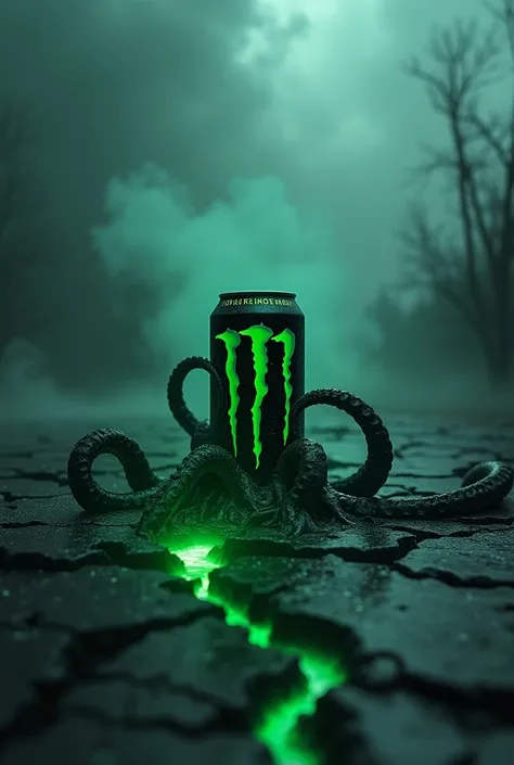 "Imagine a dark and scary scenario, with a dense and misty atmosphere. In floor, deep cracks emanate a faint neon green glow, while thick, sinister octopus tentacles, twisted, slowly emerge from the cracks. These tentacles have a slimy, almost organic text...