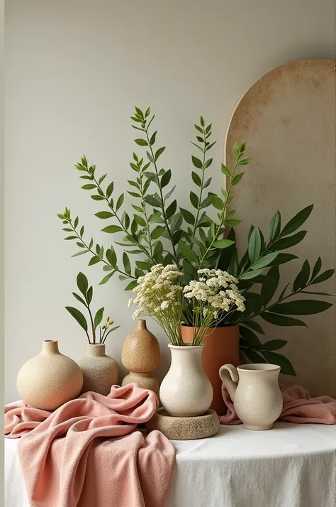 A still life with textile elements, a botanical element, a skin or leather-like texture, and an inorganic element 