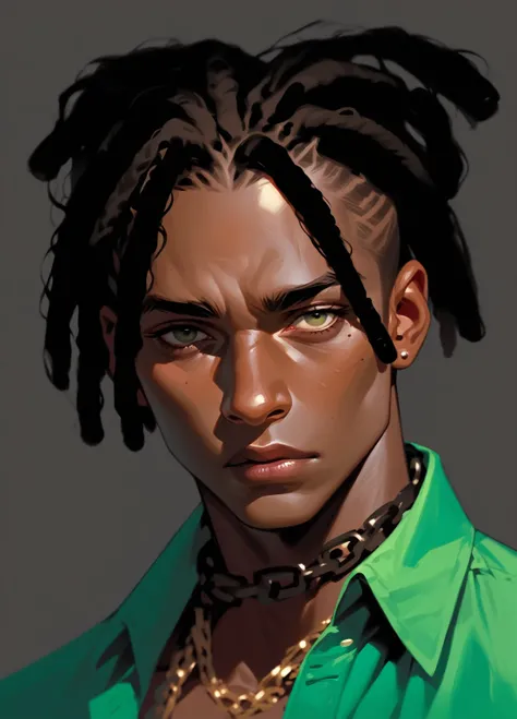 masterpiece, Beautiful illustration, African American, dark skin, emerald shirt unbuttoned, chains, many chains on the neck, lots of bracelets on hands, Dreadlocks, brown pants, naked torso, растрепанные Dreadlocks