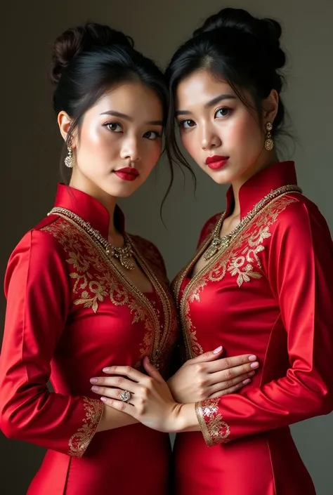 sharp photo of a 2 Indonesian girl, hair in a neat bun, plumpy body shape, round and firm breasts, flat stomach, wide hips, wearing a tight red kebaya with gold motifs, wearing a necklace, bracelet, ring and earrings, details, UHD