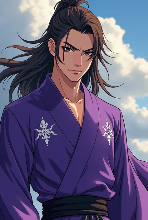 Make a murim manhwa character, with long brown hair slicked back, has black eyes, He is wearing a purple robe with white details of a murim cultivator , he is a handsome 20 year old man. I want the anime style character