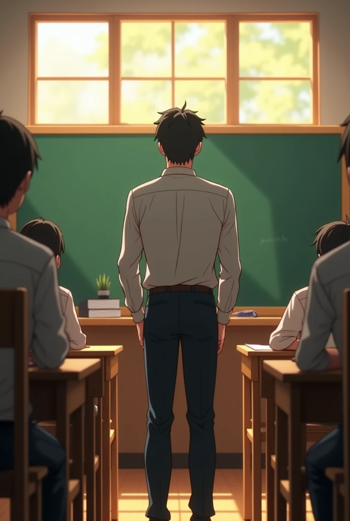 “Create an image in the style of Makoto Shinkai of  a teacher lecturing with his back to the blackboard."