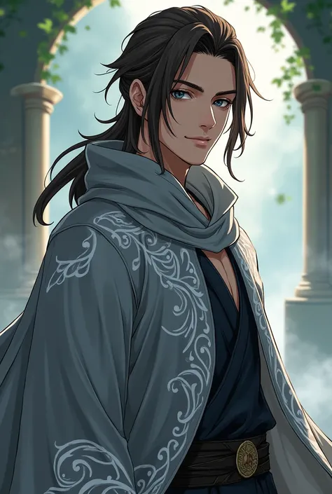 Make a murim manhwa character, with long brown hair slicked back, has black eyes, He is wearing a gray cloak with white details of a murim cultivator , he is a handsome 20 year old man. I want the anime style character