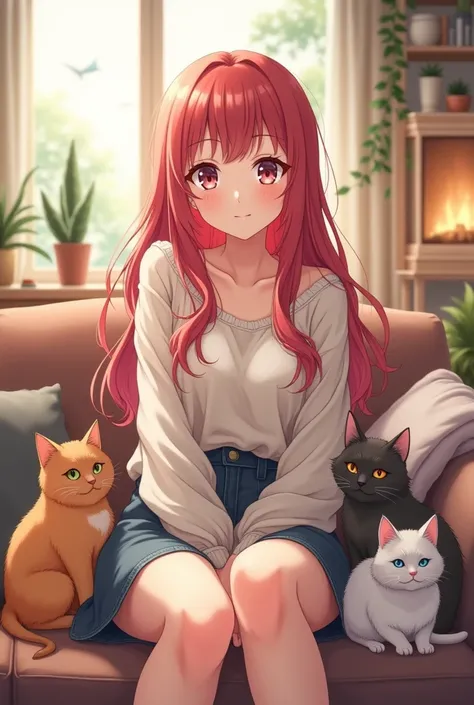 anime girl with long reddish pink hair, sitting in sitting room with cats