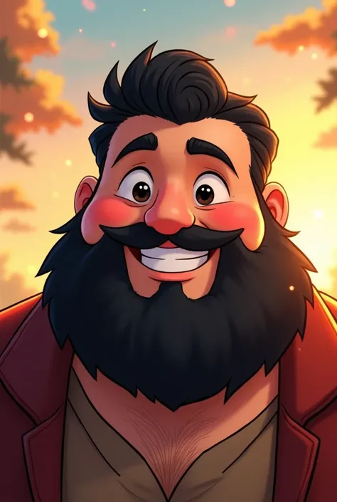 Thick happy man large man black hair black beard large beard black eyes happy pretty cute man anime anime style golden hour