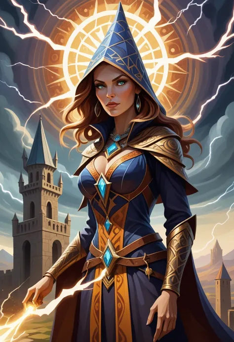 Cubist artwork of Bohemian aesthetic, a wise Altmer sorceress, her eyes glowing with arcane power, commands a swirling storm of lightning as she defends her secluded tower from invaders, complimentary colors, stunning background. warm and bright sunlight, ...