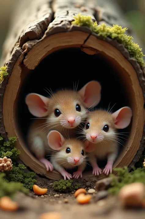 Family of little mice hiding in a log 
