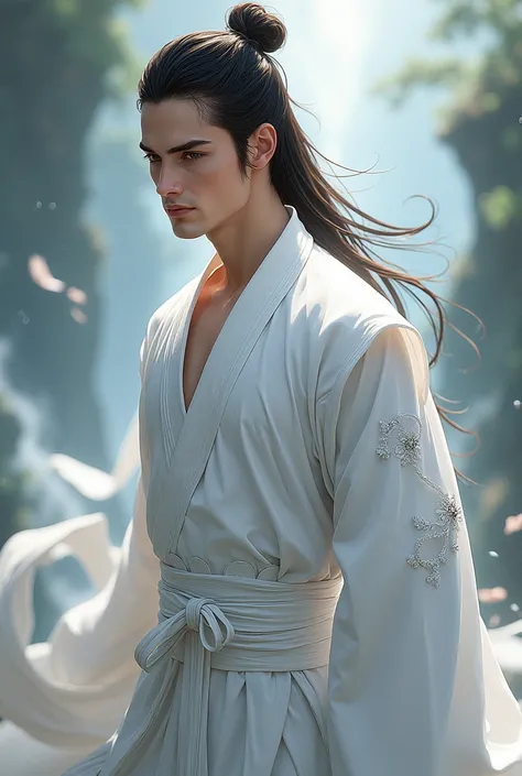 Make a murim manhwa character, with long brown hair slicked back, has black eyes, He is wearing a white outfit with white details of a murim cultivator , he is a handsome 20 year old man. I want the anime style character