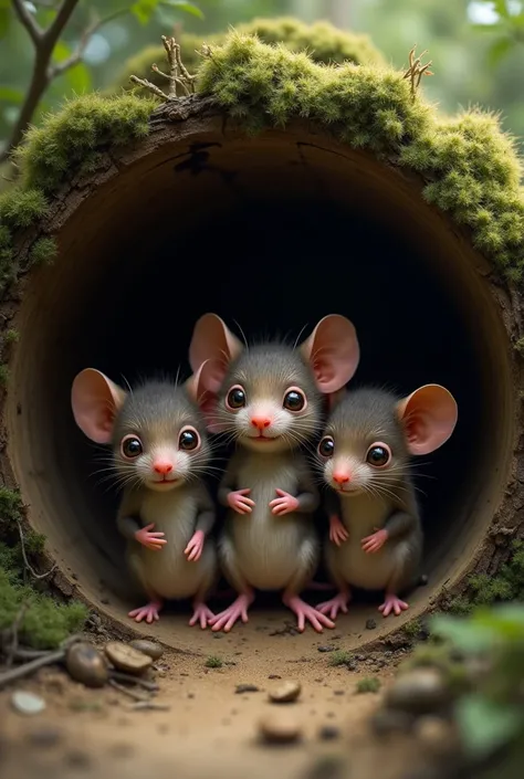 Family of scared little mice hiding in a log 
