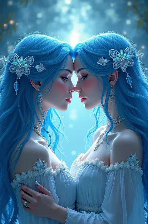 a couple of women with blue hair and eyes are facing each other with their faces touching each other with their eyes, Ella Guru, fantasy art, divinity, a detailed painting