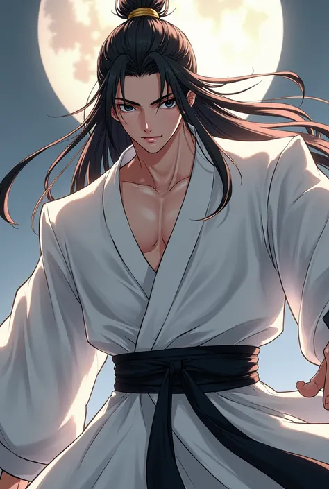 Make a murim manhwa character, with long brown hair slicked back, has black eyes, He is wearing a white outfit with black details of a murim cultivator , he is a handsome 20 year old man. I want the anime style character