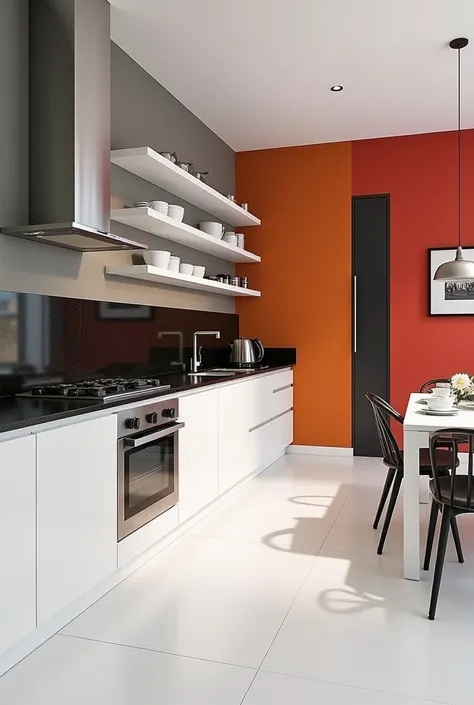 A kitchen with white ceramic flooring, meson de gramito negro, White kitchen shelves and the walls are sent in 2 colors, for example one is the geoge color and the other can be any color.


