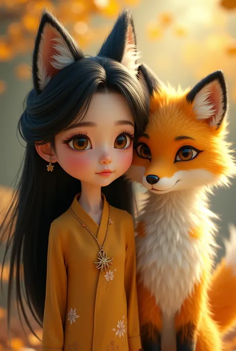 Pixar Beautiful girl with long straight hair with chinese eyes and a black-haired boy with chinese eyes and a yellow fox
