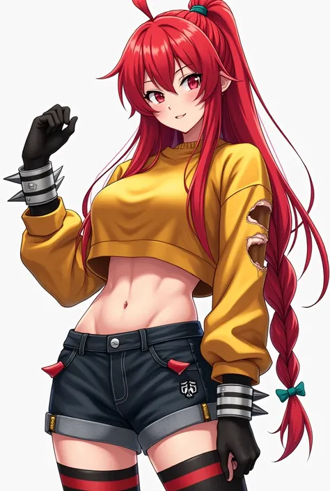 A 1 Anime Woman, white, with long red hair (rot) wearing a yellow sweatshirt with a dark red number 1 print, the sweatshirt is short at the bottom, leaving the belly exposed, has 2 piercings on her belly near her navel, has big breasts, the right side of t...