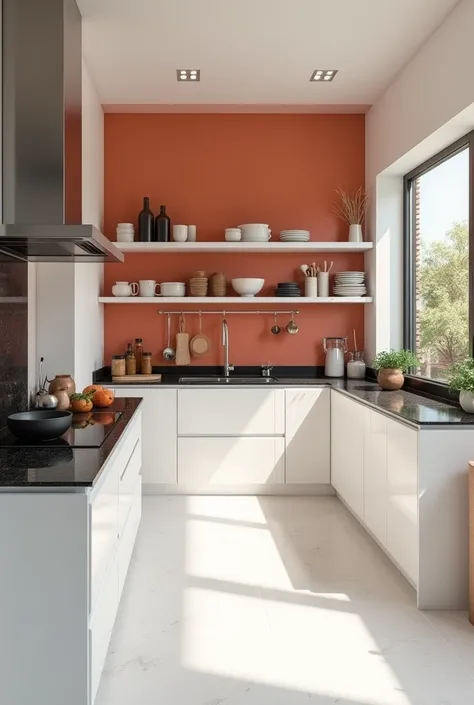 A kitchen with white ceramic flooring, meson de gramito negro, White kitchen shelves and walls in 2 colors, for example one is geoge color and the other can be any color.


