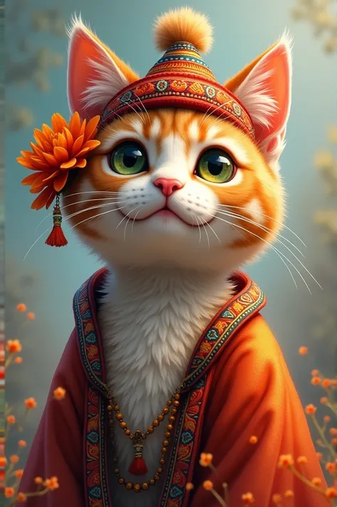 cat wearing a dhaka topi,jamara in ear tika in forehead