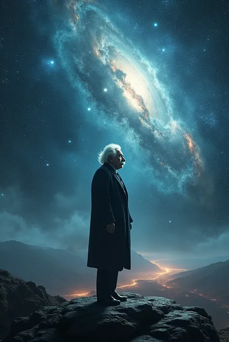 A grand, cinematic portrait of Einstein standing in front of a vast cosmic landscape, with galaxies, stars, and equations swirling around him, symbolizing his monumental impact on science.