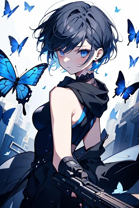 1 girl、Mature、Ample breasts、short hair、Angel、Neutral facial features、cool、Black costume、Blue rose、Butterflies fluttering、Dark Room、Lock、hoodie、Holding a gun、Ready for battle、Red earrings、Sleeveless