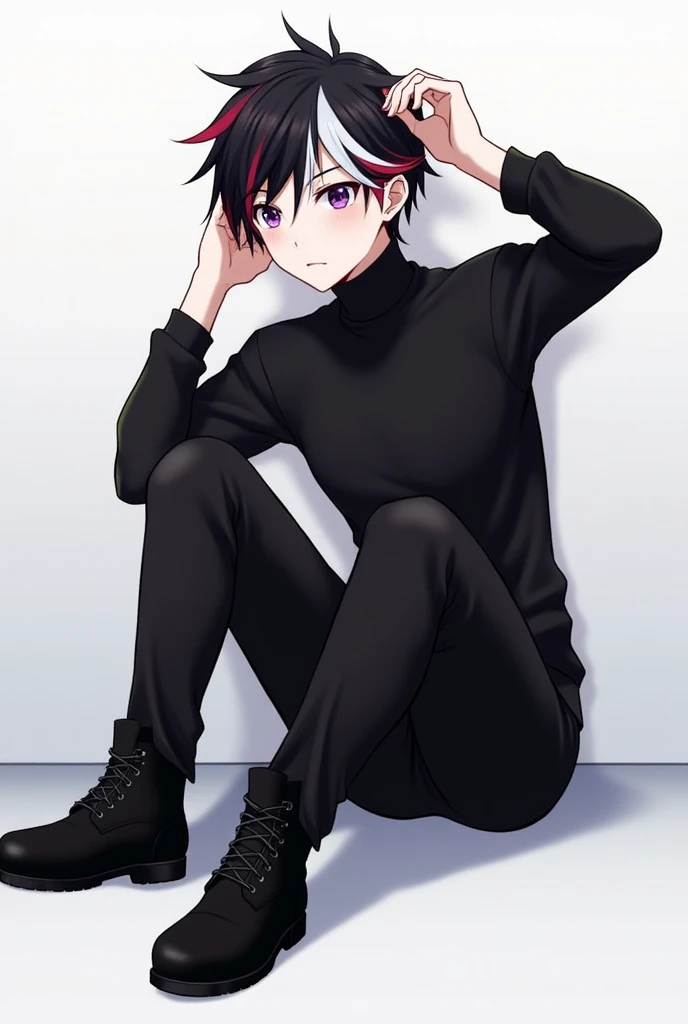 Tall boy,purple eyes,anime style/illustration,strong,black hair with red and white locks,Black sweater But astethic, black pants, black boots,serious,running a hand through his hair,Simple cut But cute and attractive,Sitting posing distracted