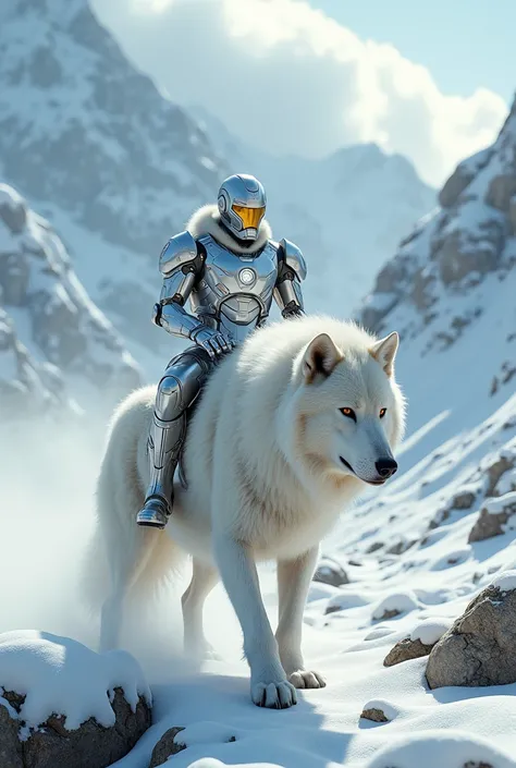 a white iron man, extremely detailed, riding a white wolf through snowy mountains, hyperrealistic, 8k, photorealistic, highly detailed, cinematic lighting, dramatic composition, intricate details, beautiful scenery, majestic wolf, powerful pose, stunning w...