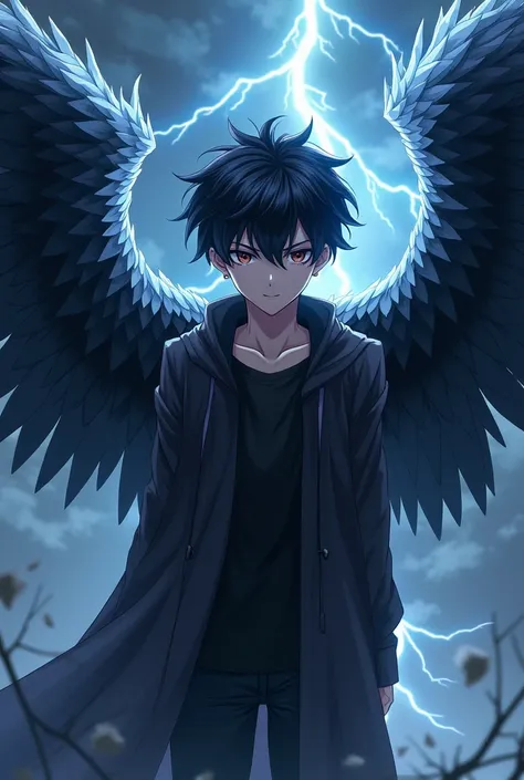 A anime boy with black wings and lightning effect