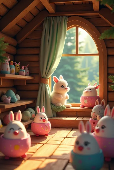 A look inside the &#39;log cabin&#39; where cute characters with magic doors seem to live,There are many small eggs with small beds and emotions inside.